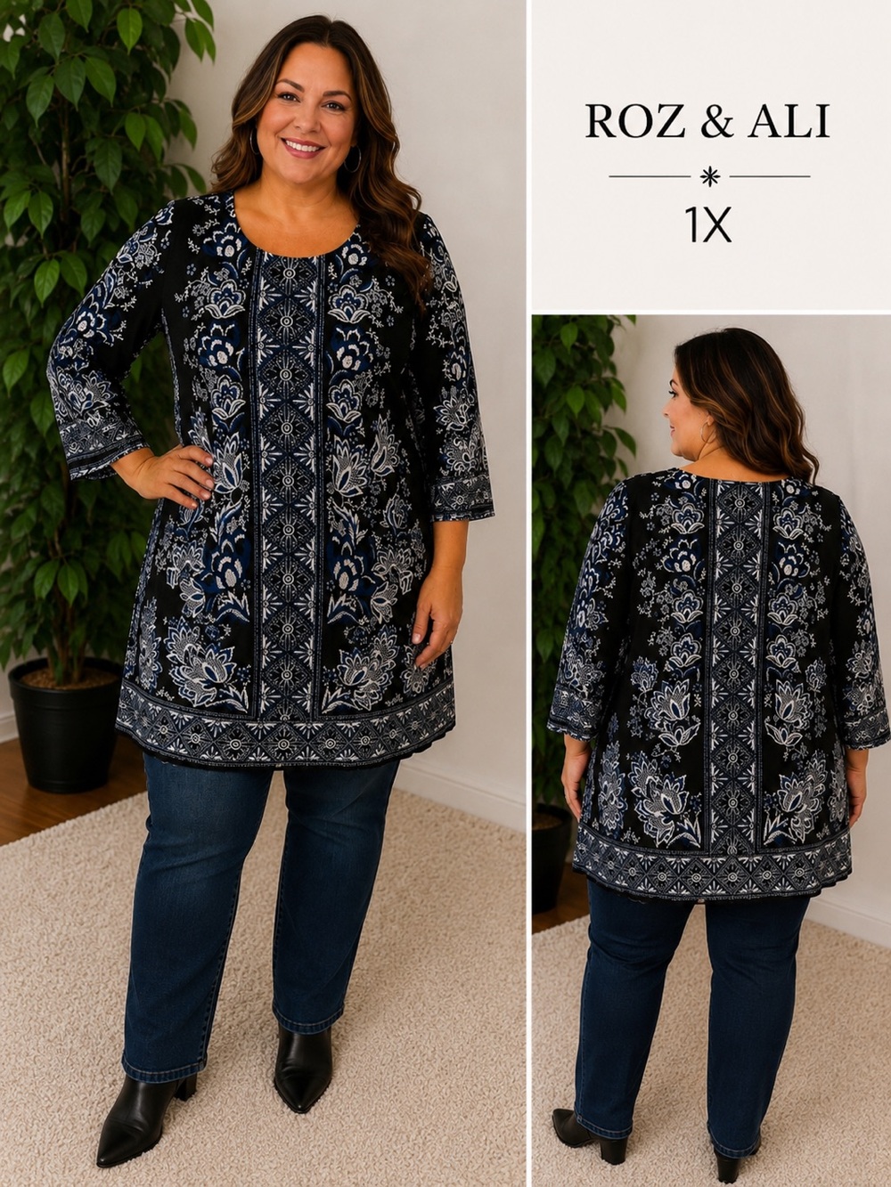 Roz & Ali 1X Blue & Black Floral Tunic Top | Boho Stretch Vented Bell Sleeve Plu